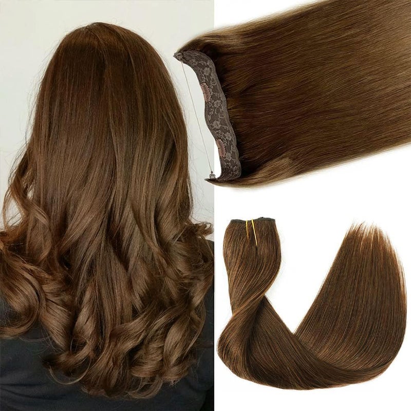 Real Human Hair Extensions  12 Inch Chocolate Brown Straight Hair with Hidden Wire and Transparent Fish Line